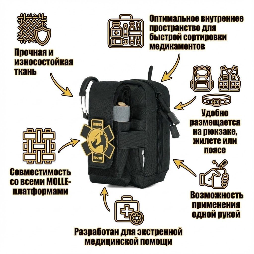 Тактическая аптечка первой помощи RHINO Rescue Tactical Bag Outdoor Molle Military (чёрная), фото 3
